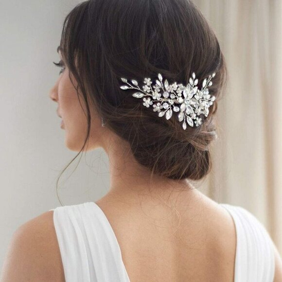 ?Women Silver Flower Crystal Hair Accessories with Pearl Side Comb Headpiece main image 8